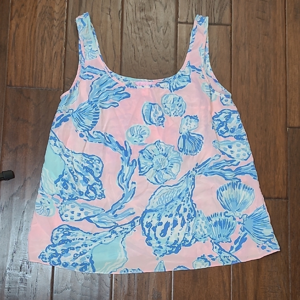 Lilly Pulitzer Pink Sleeveless Silk Blouse with Blue Seashell Print size Small
